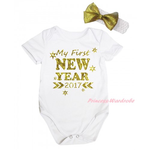 White Baby Jumpsuit & Sparkle My First New Year 2017 Painting & White Headband Gold Bow TH795
