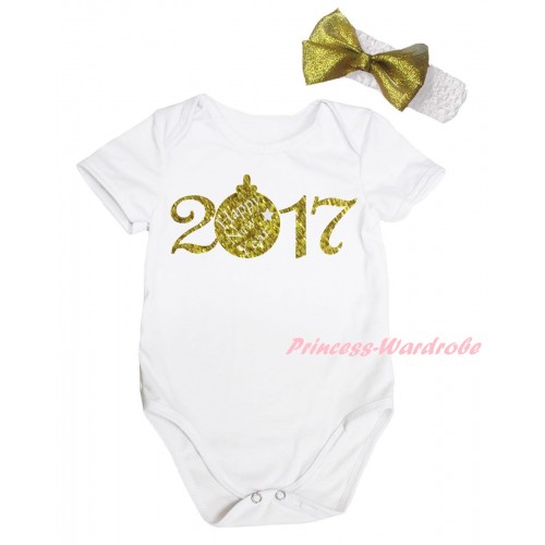 White Baby Jumpsuit & Sparkle 2017 Painting & White Headband Gold Bow TH796