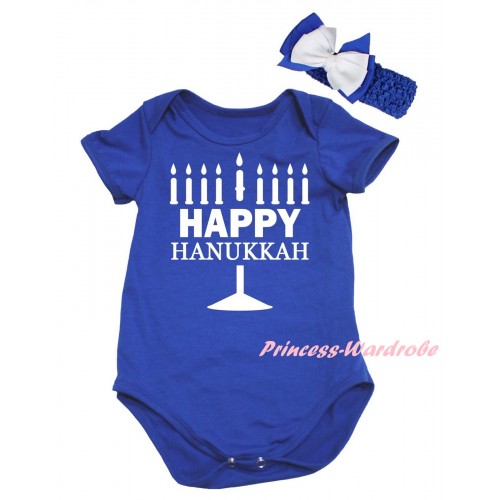 Royal Blue Baby Jumpsuit & Happy Hanukkah Painting & Royal Blue Headband White Bow TH797