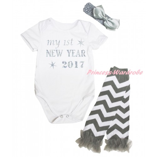 White Baby Jumpsuit & Sparkle My 1st New Year 2017 Painting & Headband & Warmer Set TH799