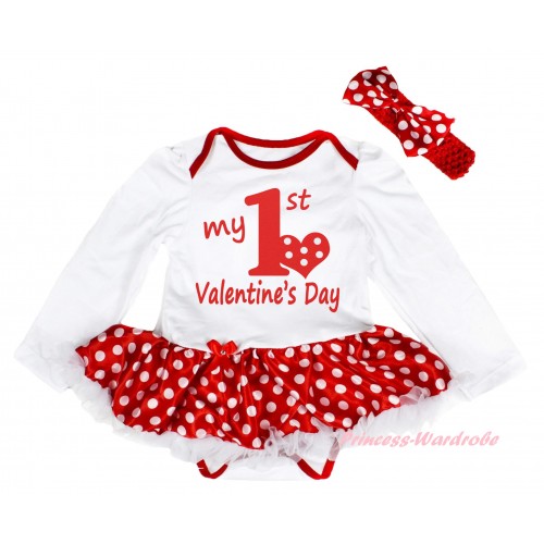 White Long Sleeve Baby Bodysuit Jumpsuit Minnie Dots White Pettiskirt & Red My 1st Valentine's Day Painting & Red Headband Minnie Dots Satin Bow JS6200