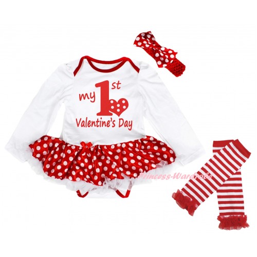 White Long Sleeve Baby Bodysuit Jumpsuit Minnie Dots White Pettiskirt & Red My 1st Valentine's Day Painting & Red Headband Minnie Dots Satin Bow & Warmers Leggings JS6201