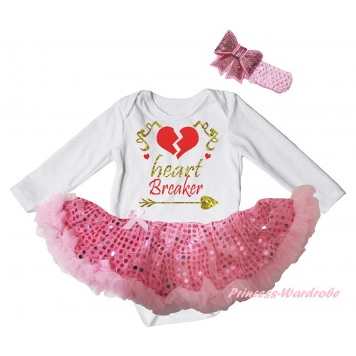 Valentine's Day White Long Sleeve Baby Bodysuit Jumpsuit Light Pink Sequins Pettiskirt & Sparkle Gold Red Heart Breaker Painting & Light Pink Headband Bow JS6203