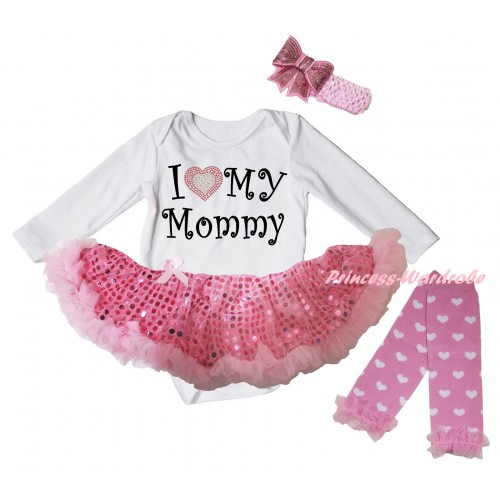 Mother's Day White Long Sleeve Baby Bodysuit Jumpsuit Light Pink Sequins Pettiskirt & Sparkle I Love My Mommy Painting & Light Pink Headband Bow & Warmers Leggings JS6206