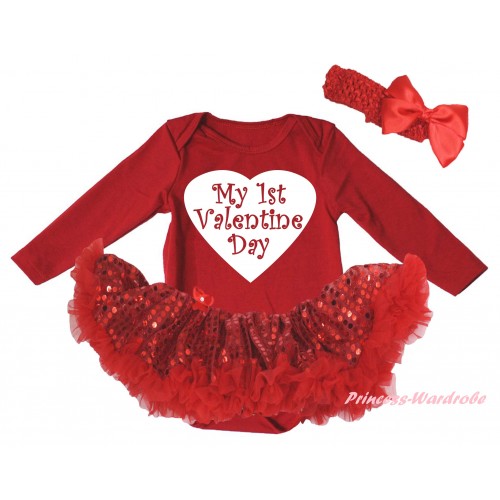 Valentine's Day Red Long Sleeve Baby Bodysuit Jumpsuit Red Sequins Pettiskirt & White My 1st Valentine Day Heart Painting & Red Headband Bow JS6207