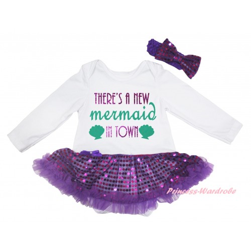 White Long Sleeve Baby Bodysuit Jumpsuit Dark Purple Sequins Pettiskirt & Sparkle There's A New Mermaid In Town Painting & Dark Purple Headband Bow JS6211