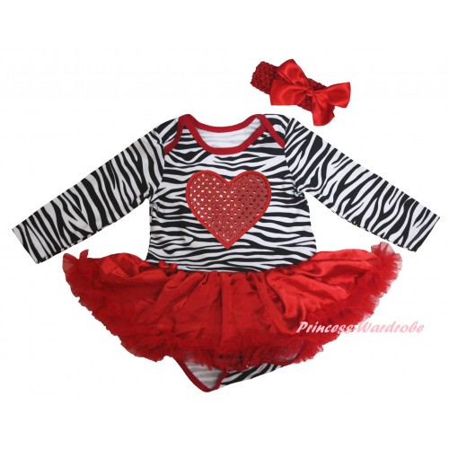 Red Zebra Long Sleeve Baby Bodysuit Jumpsuit Red Pettiskirt & Sparkle Red Heart Print & Red Headband Bow JS6221