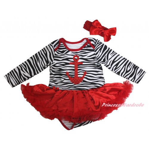 Red Zebra Long Sleeve Baby Bodysuit Jumpsuit Red Pettiskirt & Sparkle Red Anchor Print & Red Headband Bow JS6223