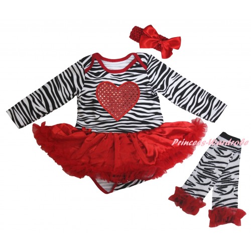 Red Zebra Long Sleeve Baby Bodysuit Jumpsuit Red Pettiskirt & Sparkle Red Heart Print & Red Headband Bow & Warmers Leggings JS6227