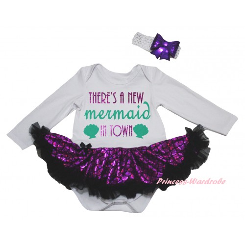 White Long Sleeve Baby Bodysuit Jumpsuit Black Dark Purple Scale Pettiskirt & Sparkle There's A New Mermaid In Town Painting & White Headband Dark Purple Bow JS6231