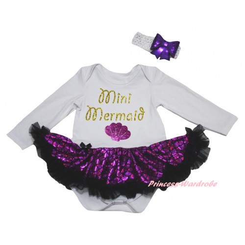 White Long Sleeve Baby Bodysuit Jumpsuit Black Dark Purple Scale Pettiskirt & Sparkle Gold Mini Mermaid Painting & White Headband Dark Purple Bow JS6232