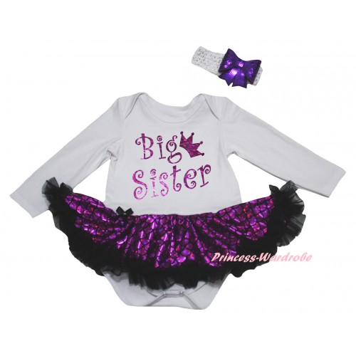 White Long Sleeve Baby Bodysuit Jumpsuit Black Dark Purple Scale Pettiskirt & Sparkle Dark Purple Big Sister Painting & White Headband Dark Purple Bow JS6235