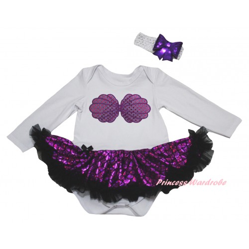 White Long Sleeve Baby Bodysuit Jumpsuit Black Dark Purple Scale Pettiskirt & Mermaid Sea Shell Bra Print & White Headband Dark Purple Bow JS6237