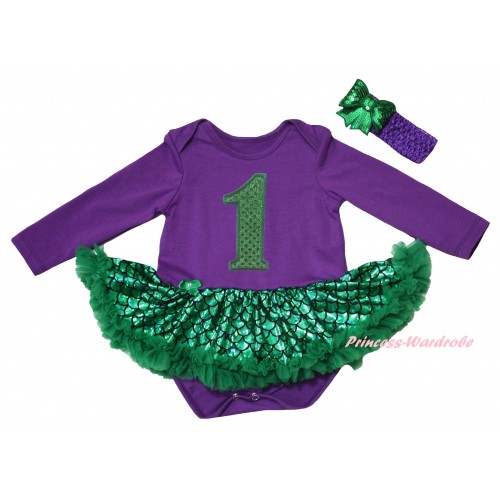 Dark Purple Long Sleeve Baby Bodysuit Jumpsuit Green Scale Pettiskirt & Sparkle Kelly Green 1st Birthday Number Print & Dark Purple Headband Kelly Green Bow JS6243