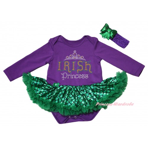 St Patrick's Day Dark Purple Long Sleeve Baby Bodysuit Jumpsuit Green Scale Pettiskirt & Sparkle Rhinestone IRISH Princess Print & Dark Purple Headband Kelly Green Bow JS6244