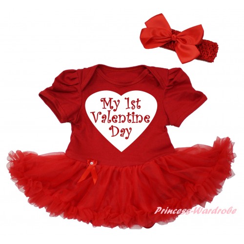 Valentine's Day Red Baby Bodysuit Jumpsuit Red Pettiskirt & White My 1st Valentine Day Heart Painting JS6250