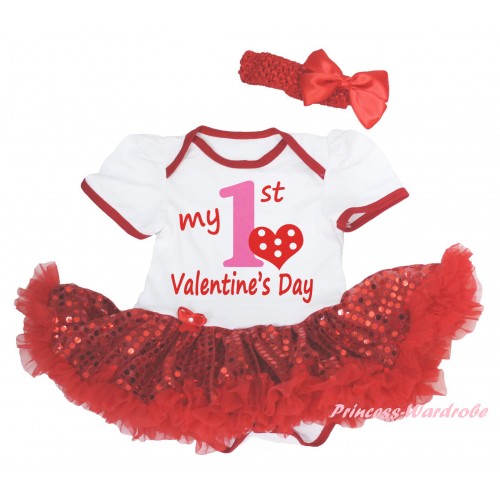 Valentine's Day White Baby Bodysuit Bling Red Sequins Pettiskirt & Red Light Pink My 1st Valentine's Day Painting JS6254