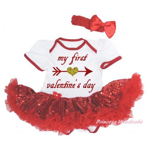 Valentine's Day White Baby Bodysuit Bling Red Sequins Pettiskirt & Sparkle My First Valentine's Day Painting JS6255