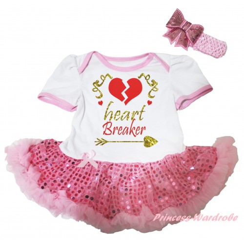 Valentine's Day White Baby Bodysuit Jumpsuit Light Pink Sequins Pettiskirt & Sparkle Gold Red Heart Breaker Painting JS6257