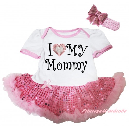 Mother's Day White Baby Bodysuit Jumpsuit Light Pink Sequins Pettiskirt & Sparkle I Love My Mommy Painting JS6258