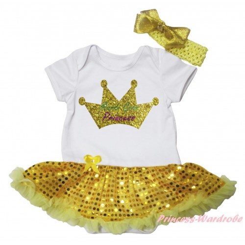 Mardi Gras White Baby Bodysuit Bling Yellow Sequins Pettiskirt & Sparkle Mardi Gras Princess Crown Painting JS6262