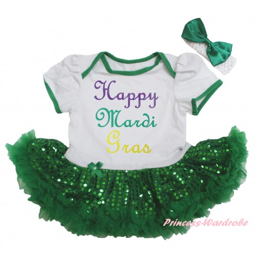Mardi Gras White Baby Bodysuit Bling Kelly Green Sequins Pettiskirt & Happy Mardi Gras Painting JS6265