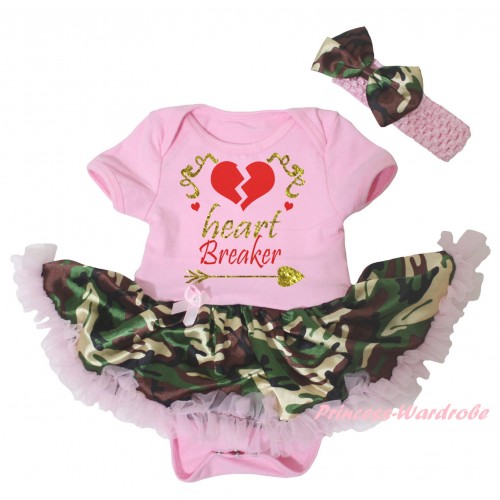 Valentine's Day Light Pink Baby Bodysuit Light Pink Camouflage Pettiskirt & Sparkle Gold Red Heart Breaker Painting JS6266