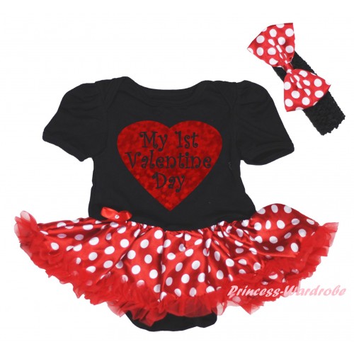 Valentine's Day Black Baby Bodysuit Jumpsuit Minnie Dots Pettiskirt & Sparkle Red My First Valentine's Day Painting JS6271