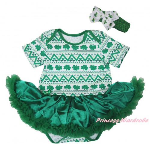 St Patrick's Day White Kelly Green Clover Baby Bodysuit Jumpsuit Kelly Green Pettiskirt JS6279