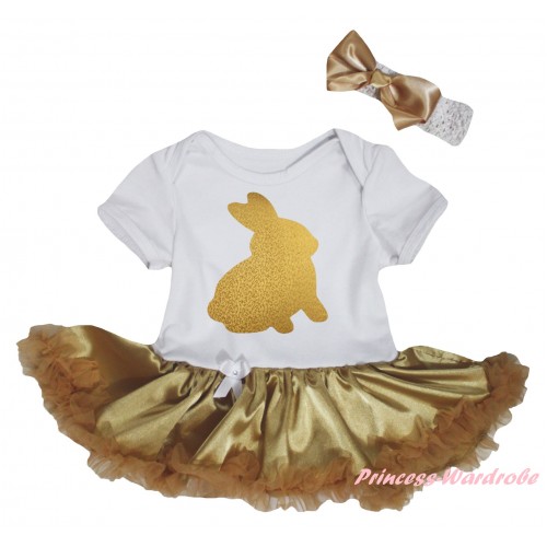 Easter White Baby Bodysuit Jumpsuit Goldenrod Pettiskirt & Sparkle Gold Rabbit Painting JS6280