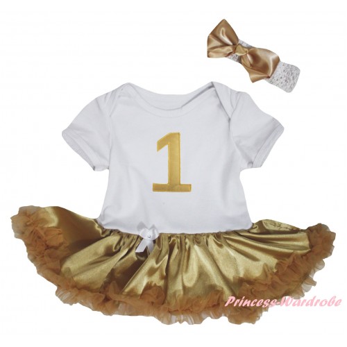 White Baby Bodysuit Jumpsuit Goldenrod Pettiskirt & 1st Sparkle Gold Birthday Number Print JS6282