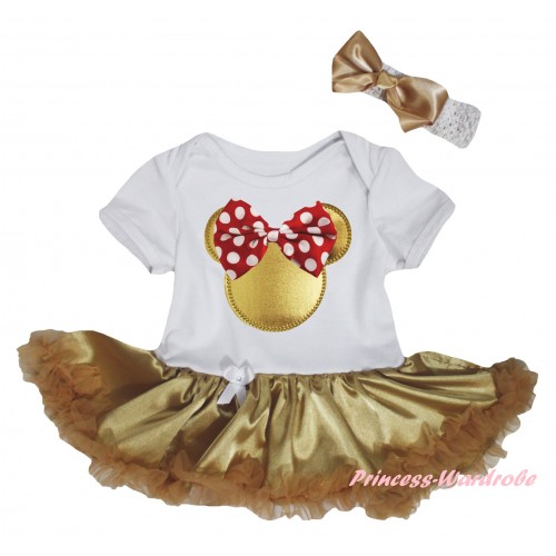 White Baby Bodysuit Jumpsuit Goldenrod Pettiskirt & Red White Dots Bow Gold Minnie Print JS6283