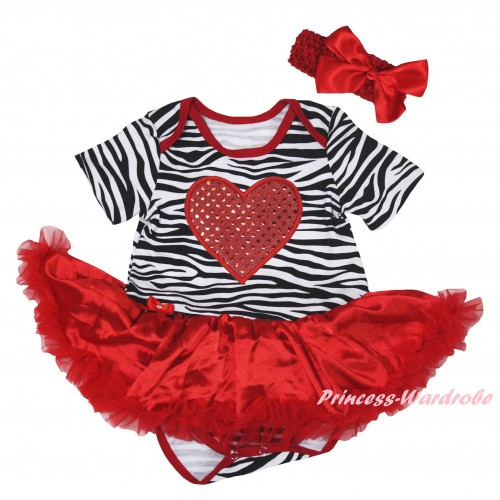 Red Zebra Baby Bodysuit Jumpsuit Red Pettiskirt & Sparkle Red Heart Print JS6286