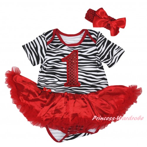 Red Zebra Baby Bodysuit Jumpsuit Red Pettiskirt & 1st Sparkle Red Birthday Number Print JS6287