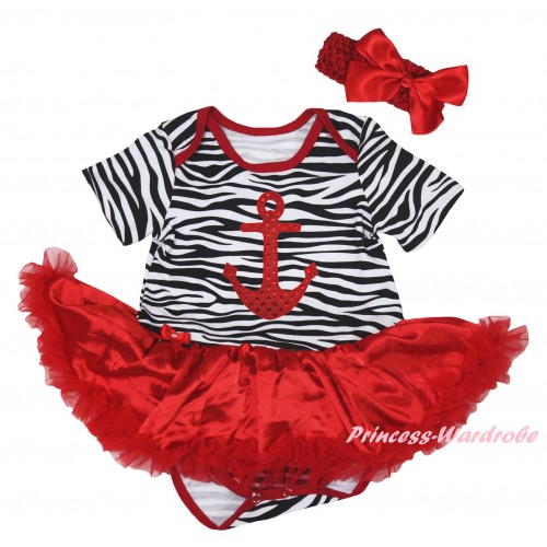 Red Zebra Baby Bodysuit Jumpsuit Red Pettiskirt & Red Anchor Print JS6288