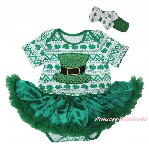 St Patrick's Day White Kelly Green Clover Baby Bodysuit Jumpsuit Kelly Green Pettiskirt & Sparkle Kelly Green Hat Print JS6289