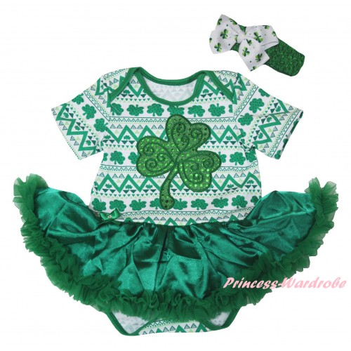 St Patrick's Day White Kelly Green Clover Baby Bodysuit Jumpsuit Kelly Green Pettiskirt & Sparkle Kelly Green Clover Print JS6291