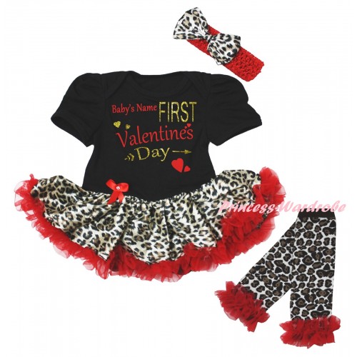 Valentine's Day Black Baby Bodysuit Leopard Red Pettiskirt & Sparkle Gold Red Baby's Name First Valentine's Day Painting & Warmers Leggings JS6294