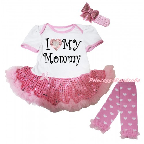 Mother's Day White Baby Bodysuit Jumpsuit Light Pink Sequins Pettiskirt & Sparkle I Love My Mommy Painting & Warmers Leggings JS6297