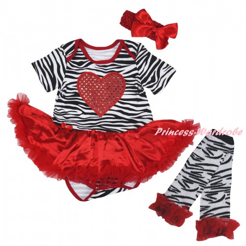 Red Zebra Baby Bodysuit Jumpsuit Red Pettiskirt & Sparkle Red Heart Print & Warmers Leggings JS6300