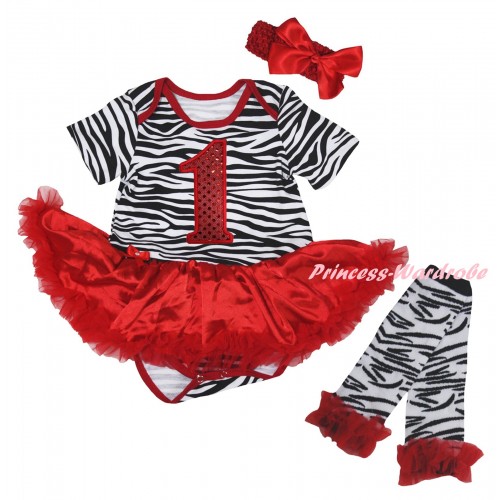 Red Zebra Baby Bodysuit Jumpsuit Red Pettiskirt & 1st Sparkle Red Birthday Number Print & Warmers Leggings JS6301