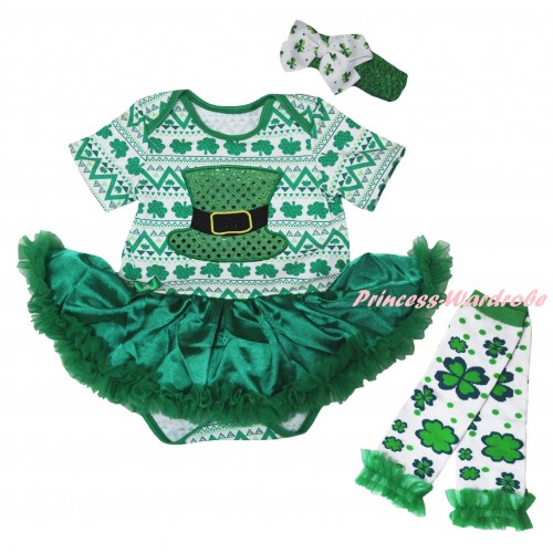 St Patrick's Day White Kelly Green Clover Baby Bodysuit Jumpsuit Kelly Green Pettiskirt & Sparkle Kelly Green Hat Print & Warmers Leggings JS6302