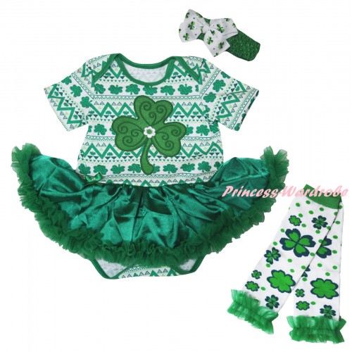 St Patrick's Day White Kelly Green Clover Baby Bodysuit Jumpsuit Kelly Green Pettiskirt & Clover Print & Warmers Leggings JS6303