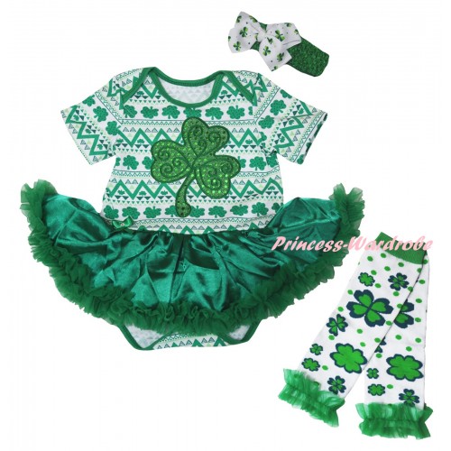 St Patrick's Day White Kelly Green Clover Baby Bodysuit Jumpsuit Kelly Green Pettiskirt & Sparkle Kelly Green Clover Print & Warmers Leggings JS6304