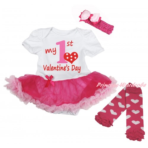 Valentine's Day White Baby Bodysuit Jumpsuit Hot Light Pink Pettiskirt & Red Light Pink My 1st Valentine's Day Painting & Warmers Leggings JS6305