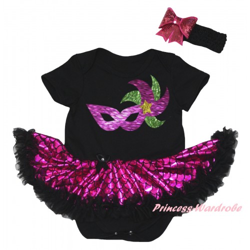 Mardi Gras Black Baby Jumpsuit Hot Pink Scale Pettiskirt & Sparkle Mardi Gras Clown Mask Painting JS6309