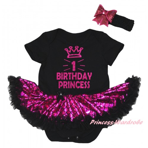 Black Baby Jumpsuit Hot Pink Scale Pettiskirt & Sparkle 1st Birthday Princess Crown Painting JS6312