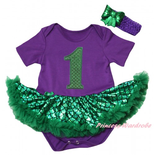 Dark Purple Baby Jumpsuit Green Scale Pettiskirt & 1st Sparkle Kelly Green Birthday Number Print JS6320