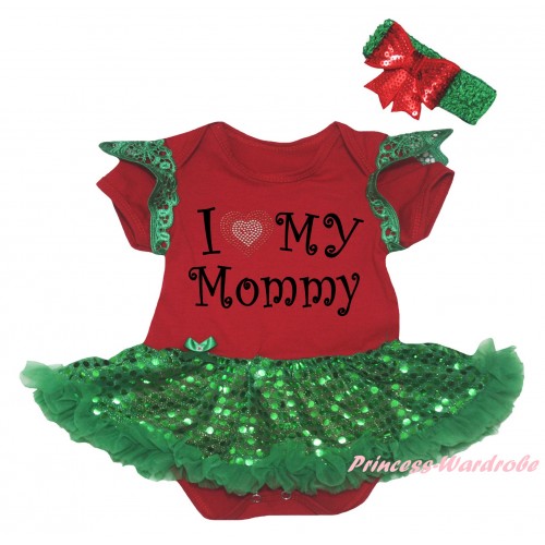 Mother's Day Green Ruffles Red Baby Jumpsuit Bling Kelly Green Sequins Pettiskirt & I Love My Mommy Painting JS6324