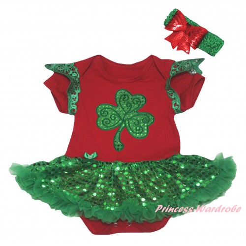 St Patrick's Day Green Ruffles Red Baby Jumpsuit Bling Kelly Green Sequins Pettiskirt & Sparkle Kelly Green Clover Print JS6327